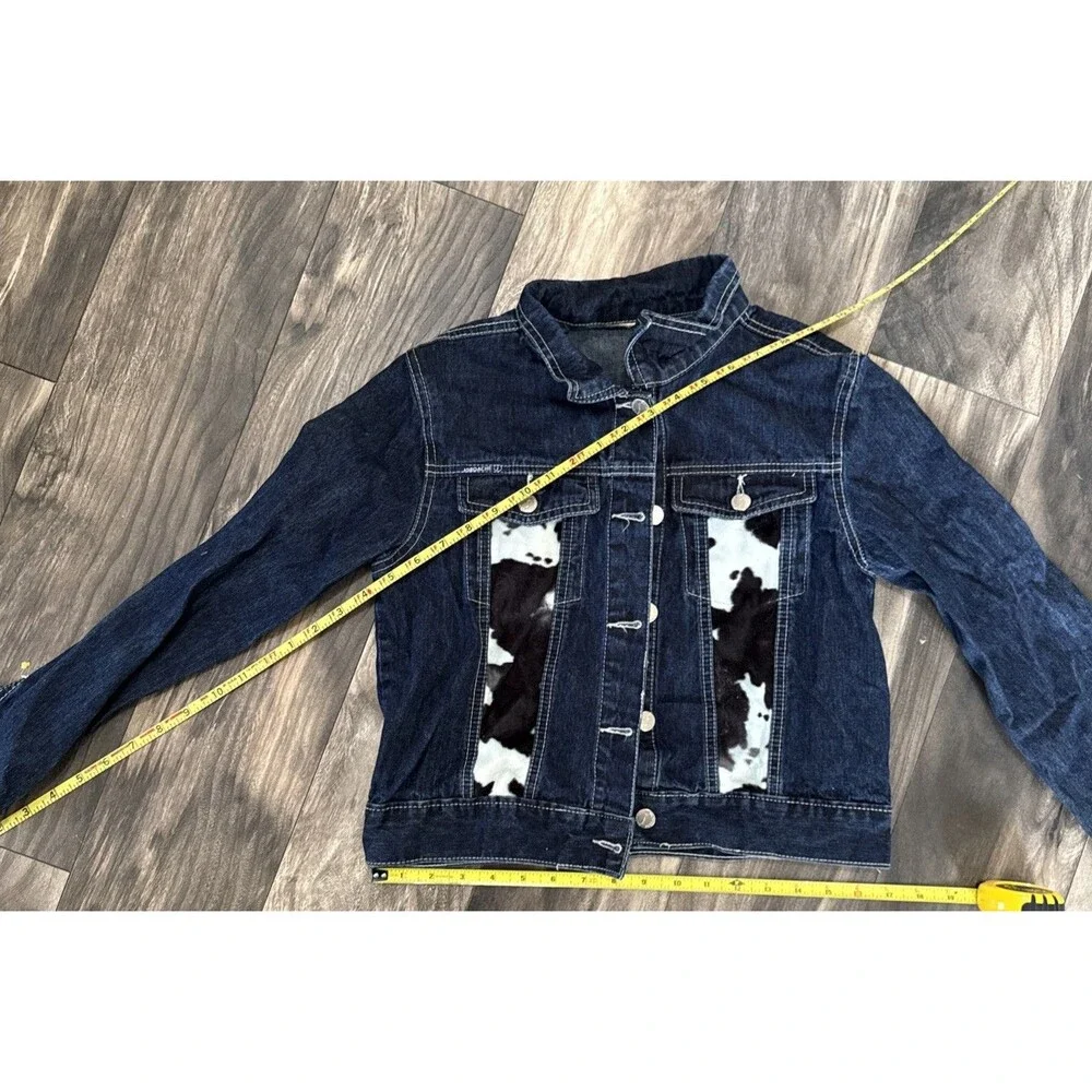 Y2K Denim Jacket Cowhide Panel Western Trucker Dark Wash No Tag Fits Small Read!